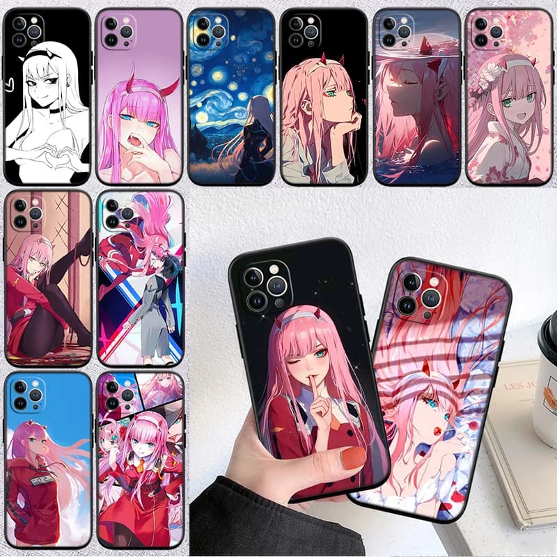 Capa de telefone Xiaomi Poco com estampa anime Zero Two rosa em fundo preto, alta qualidade