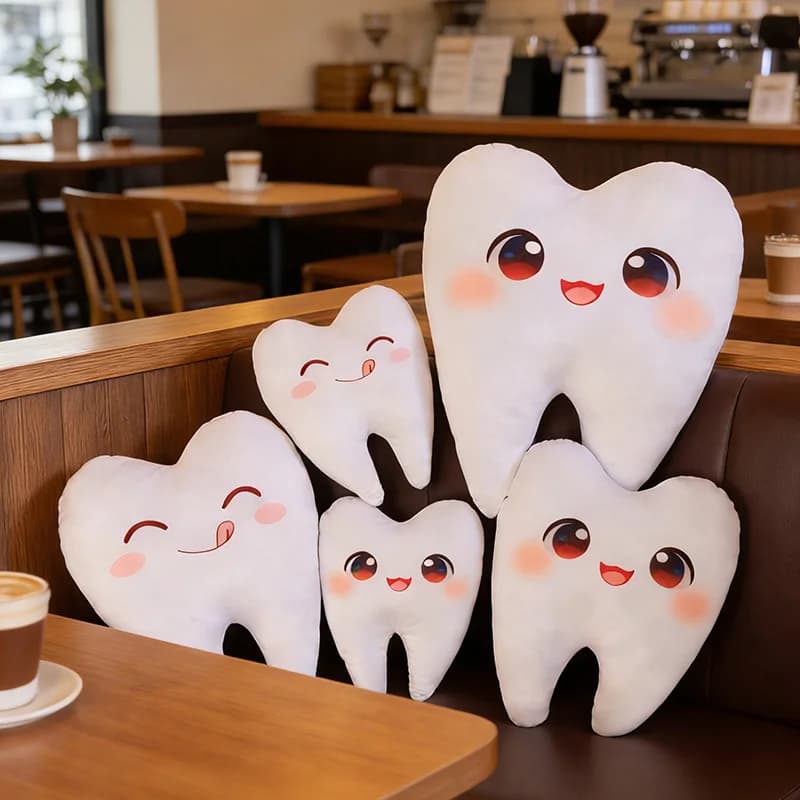 Conjunto de almofadas de pelúcia dentes brancos kawaii em tamanhos variados, brinquedos macios infantis