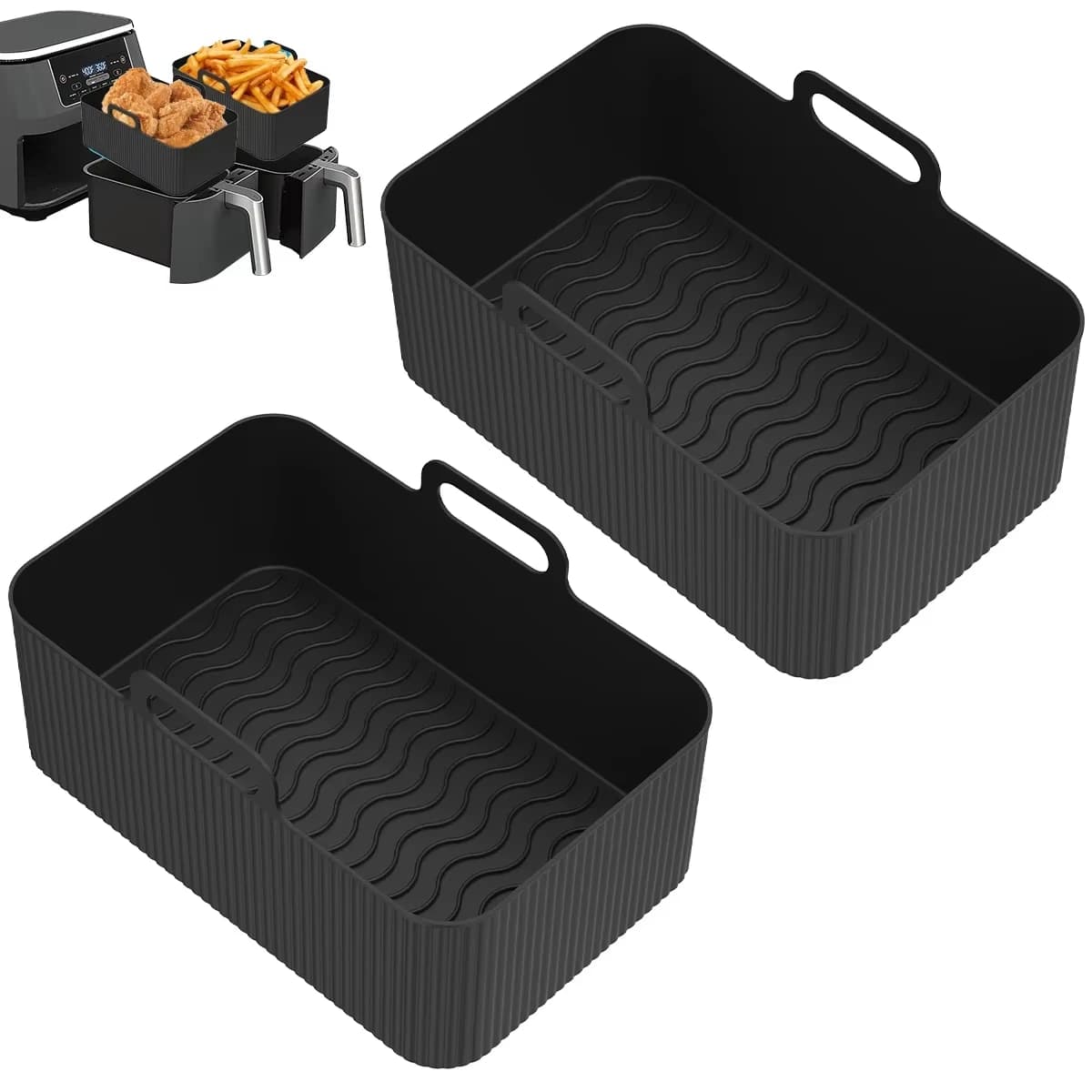 2 peças de panela de silicone para air fryer, cesta de silicone retangular, resistente ao calor, para forno e micro-ondas