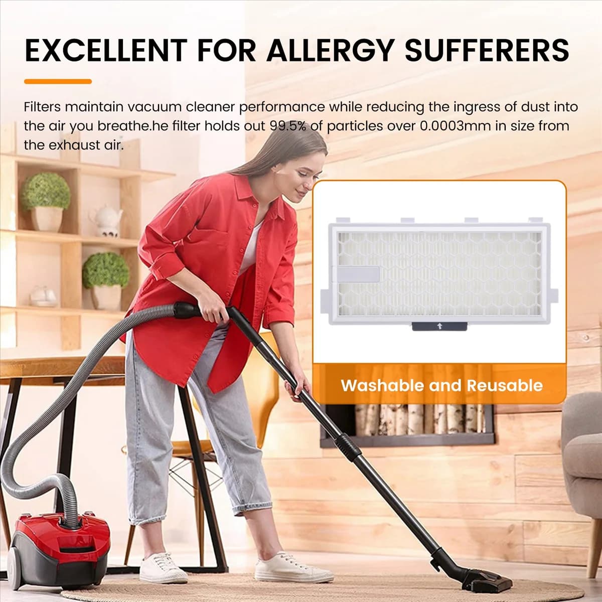Mulher usando aspirador de pó com filtro HEPA branco SF-HA50 Airclean 50, filtro lavável e reutilizável