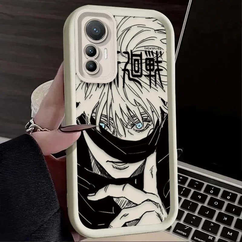Capa para celular Julongsu Jujutsu Kaisen preto e branco com personagem anime e detalhes em azul para Xiaomi Poco e Mi