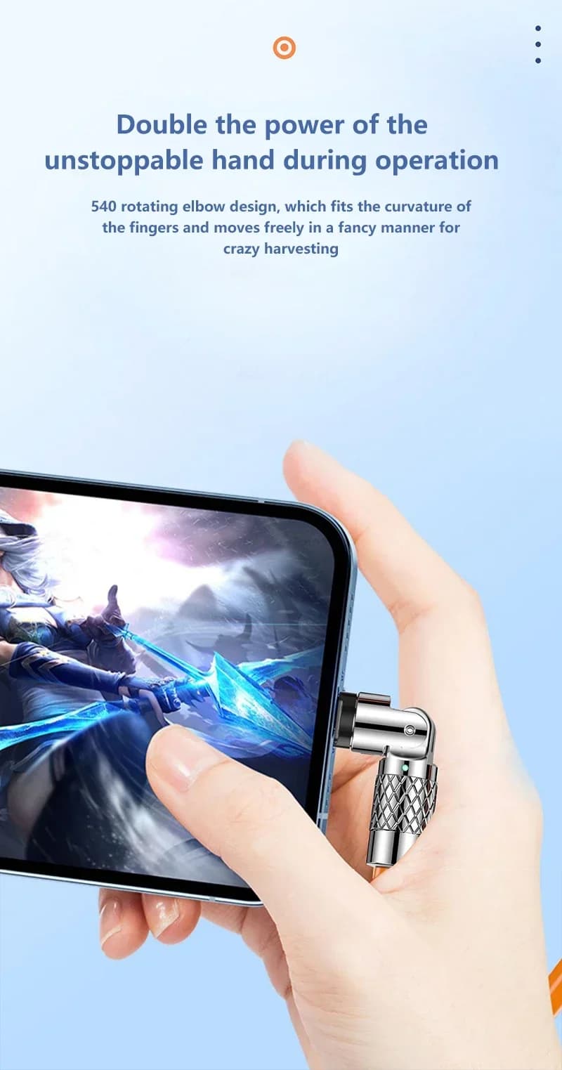 Cabo USB Tipo C com conector rotativo 180° em metal, ideal para jogos em celulares