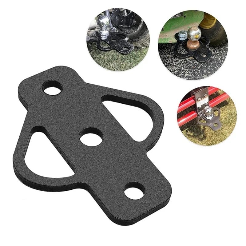 Adaptador de engate de reboque preto para ATV com suporte de bola plana e exemplos de uso em veículos de jardim