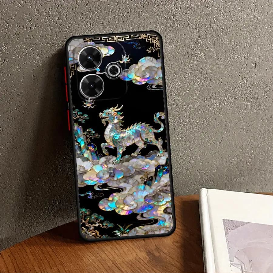 Capa protetora preta para Xiaomi Redmi Note com estampa Kirin dragão e nuvens em efeito brilhante