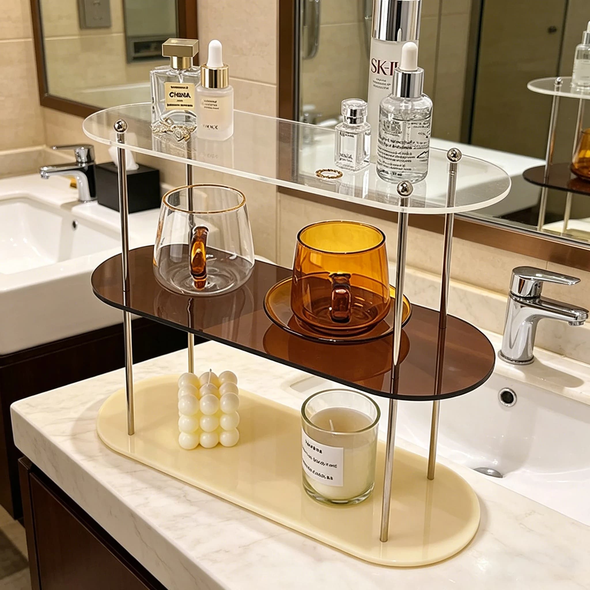 Prateleira de acrílico transparente estilo Ins, organizador de mesa removível de 3 camadas para colecionáveis, perfumes, joias, maquiagem e xícaras