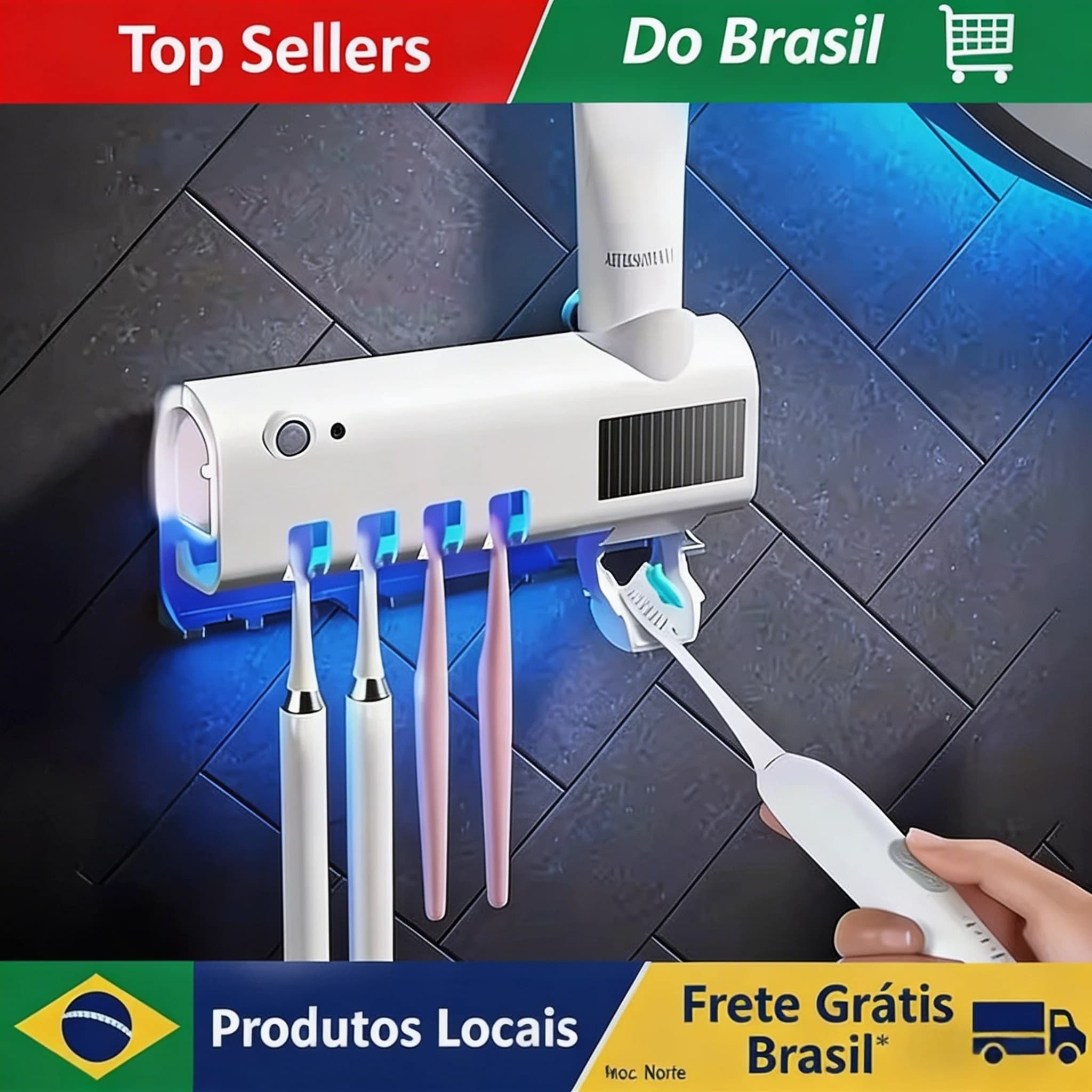 Suporte para escova de dentes elétrica com luz azul e carregamento USB, montagem na parede sem furos