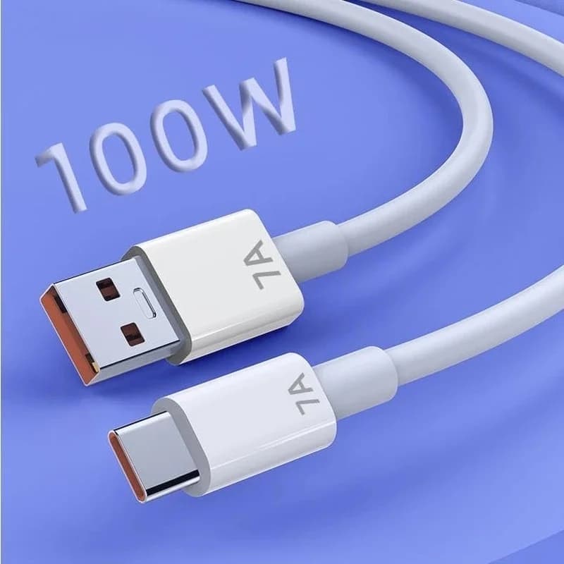 Cabo USB-C branco 1 metro com conectores USB-A e USB-C e indicação 7A para potência de 100W