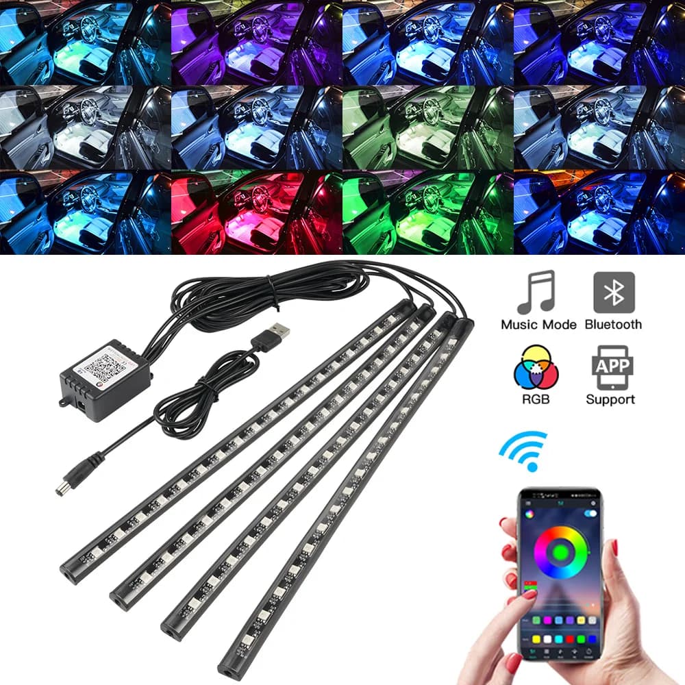 Neon led interior luz do carro app música controle remoto rgb underglow led luz ambiente usb/caneta de charuto iluminação atmosfera automática 12v