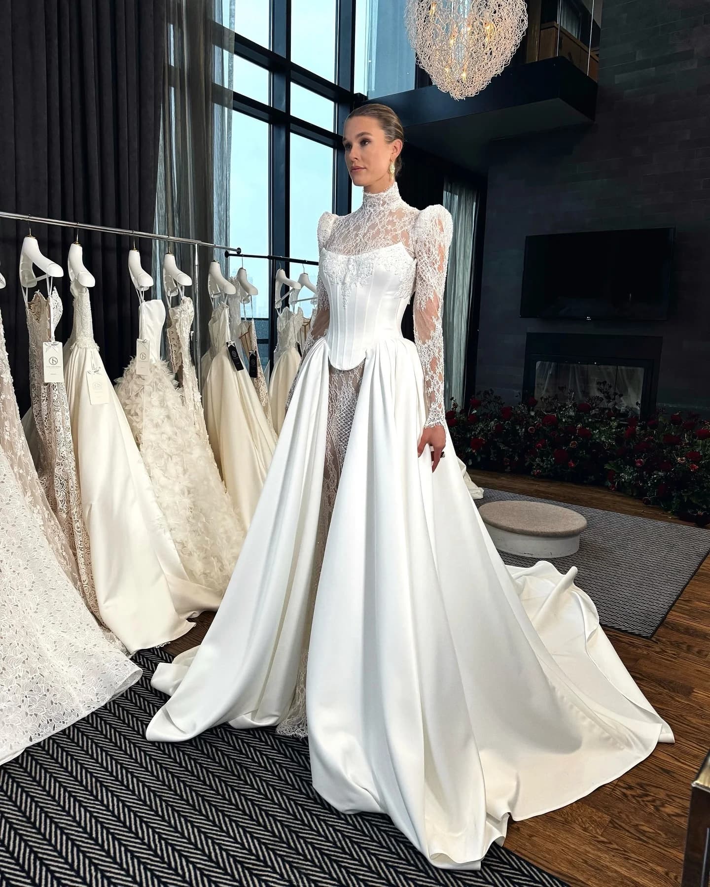 Vestido de novia Cuello Alto Encaje Cetim Sob Medida Sirena Manga Longa Sencillo Blanco Boda Civil Casamento Personalizado Bodas