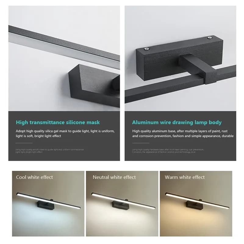 Detalhes da lâmpada LED para banheiro com máscara de silicone e corpo de alumínio preto resistente à corrosão