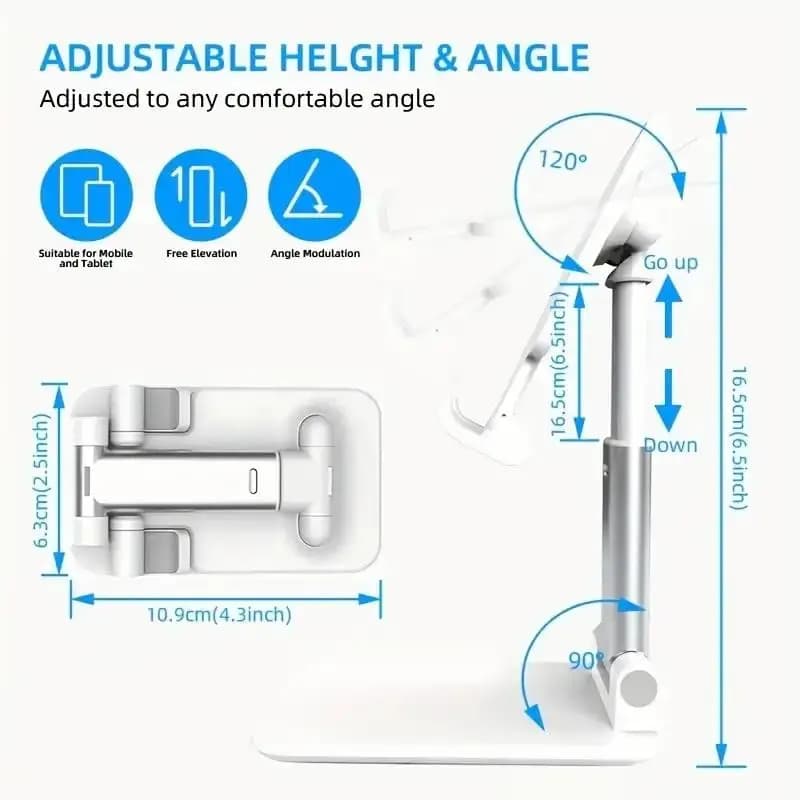 Suporte de mesa dobrável branco para celular e tablet, ajustável, universal para iPhone, iPad, Xiaomi