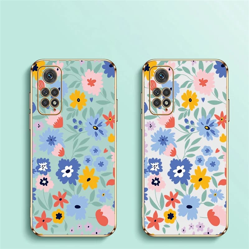 Capa para Xiaomi Redmi Note 11 verde com estampa floral colorida e bordas douradas brilhantes