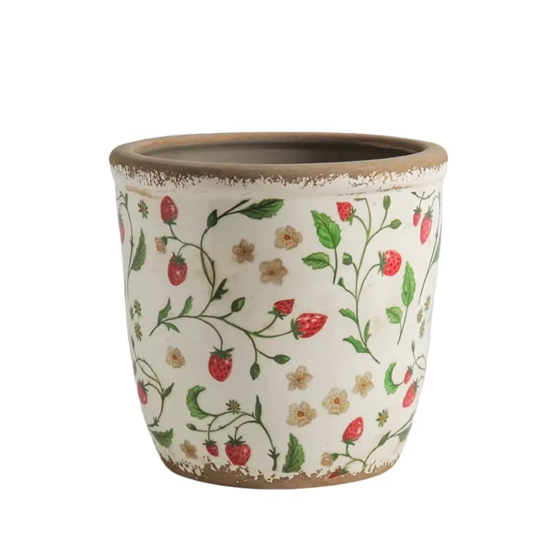 Vaso decorativo Jácotei tamanho único branco com estampa de morangos vermelhos e folhas verdes em cerâmica porosa