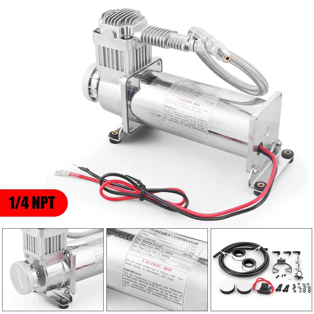 Kit de bomba de compressor de suspensão a ar com conectores 1/4NPT e 3/8NPT, cromado