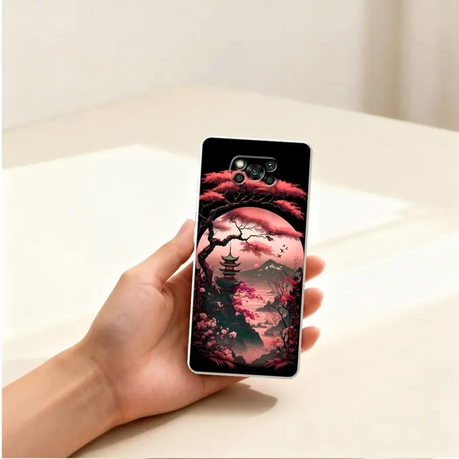Capa vermelha para Xiaomi Poco X3 Pro com design artístico de paisagem japonesa em material soft