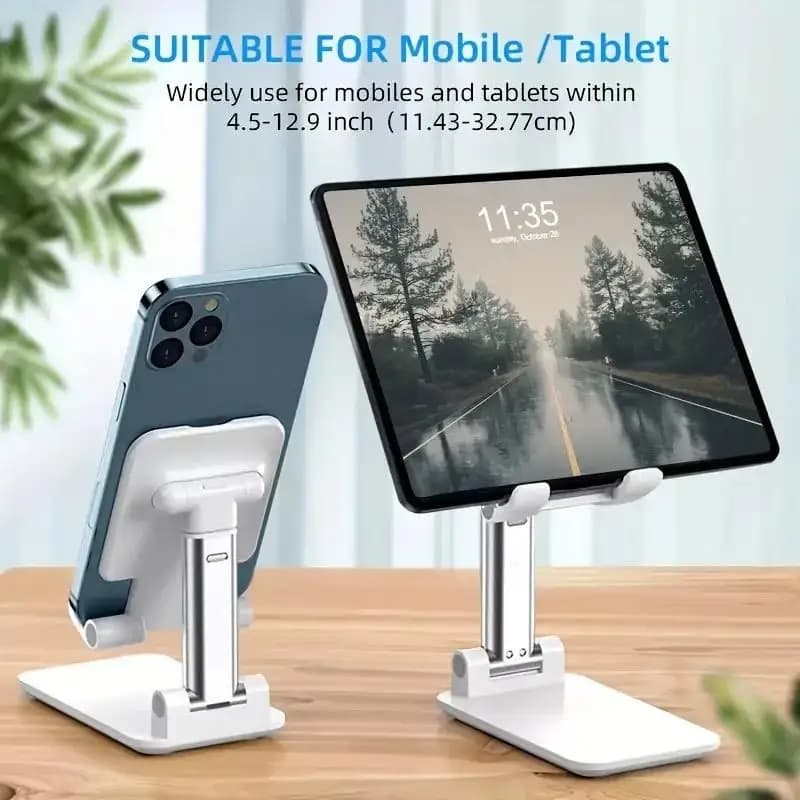 Suporte ajustável branco para celular e tablet, compatível com dispositivos de 4,5 a 12,9 polegadas