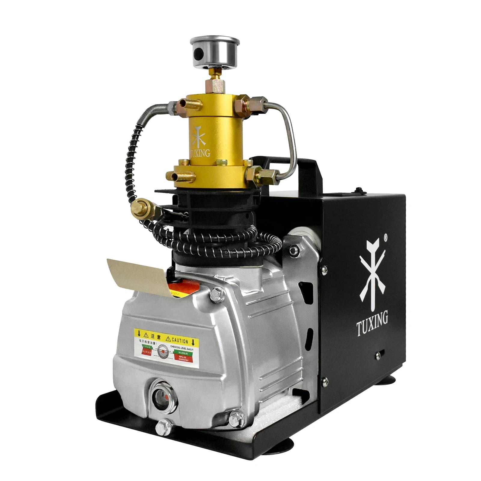 Compressor de ar elétrico TUXING 300Bar, preto e amarelo, com advertências e informações técnicas.