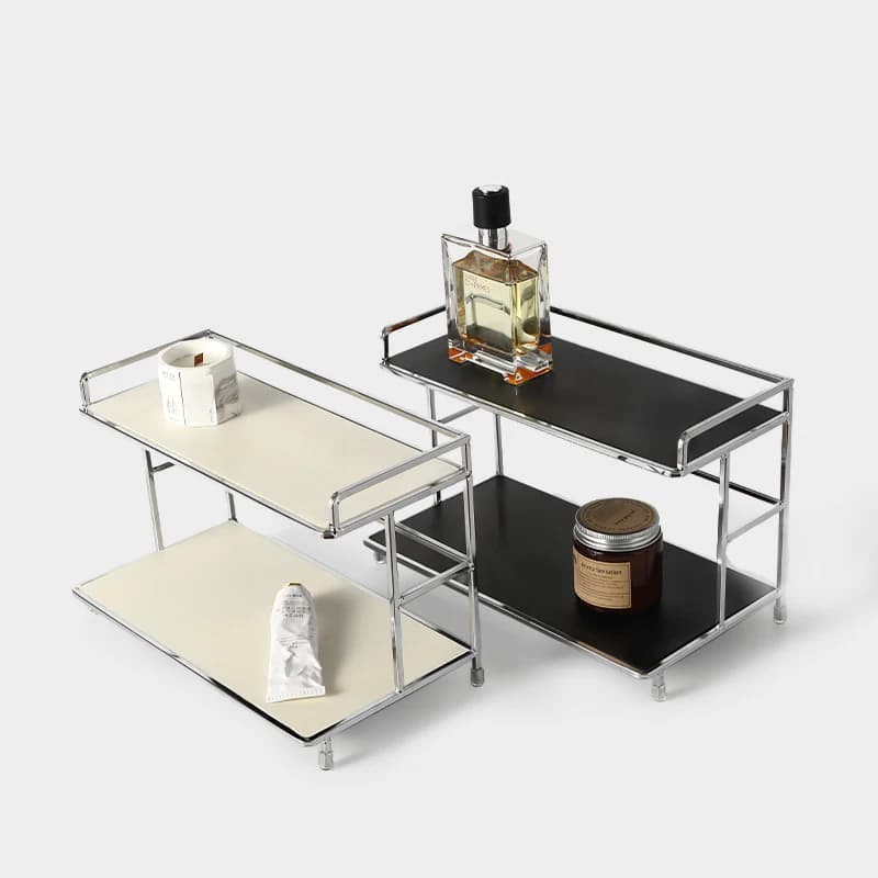 Prateleira de armazenamento e exibição de duas camadas para mesa, Organizador de placa de acrílico, Prateleira de mesa de ferro galvanizado, Parte superior estreita e inferior larga, Preto e branco creme, para tampo de