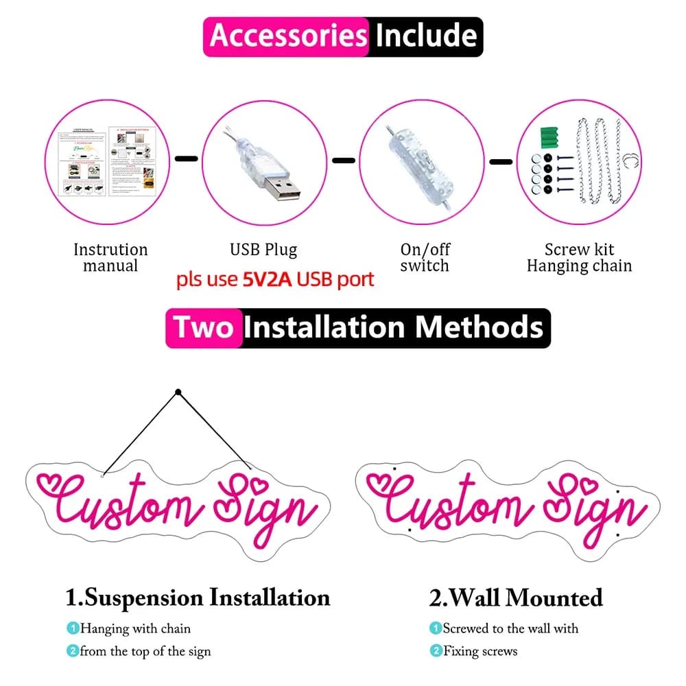 Acessórios do letreiro de néon LED azul ZHAOPAILAONEON incluindo manual, plug USB, interruptor e kit de instalação