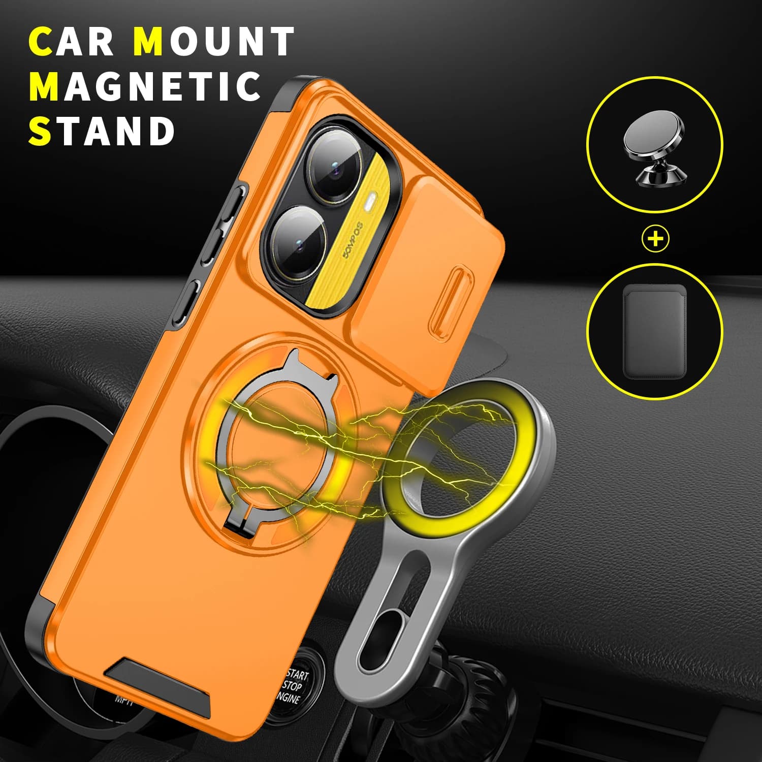 Capa magnética laranja para Poco F7 Pro com suporte giratório para fixação em suporte veicular