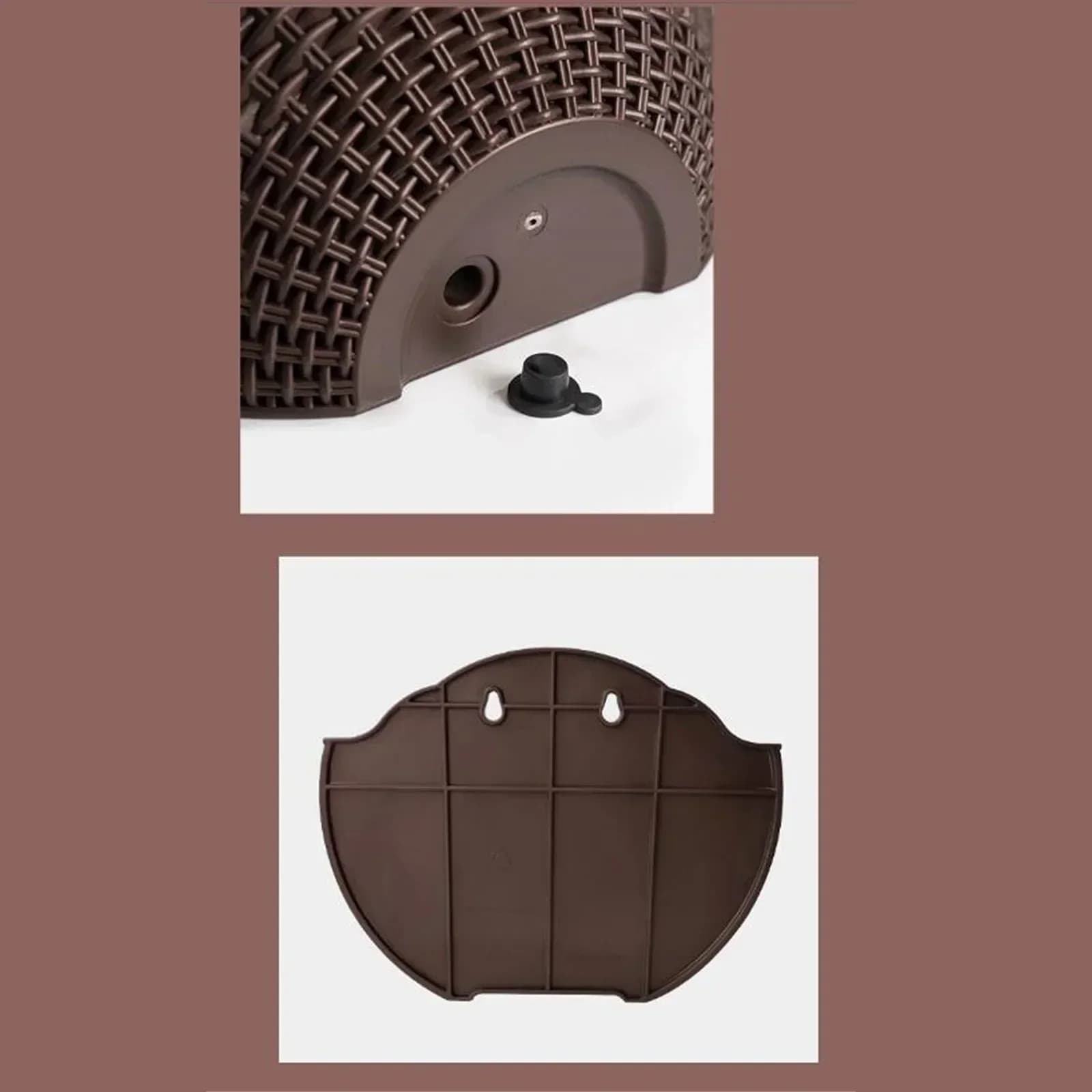 Detalhes da cesta pendurada em rattan marrom com sistema de fixação e tampa de drenagem
