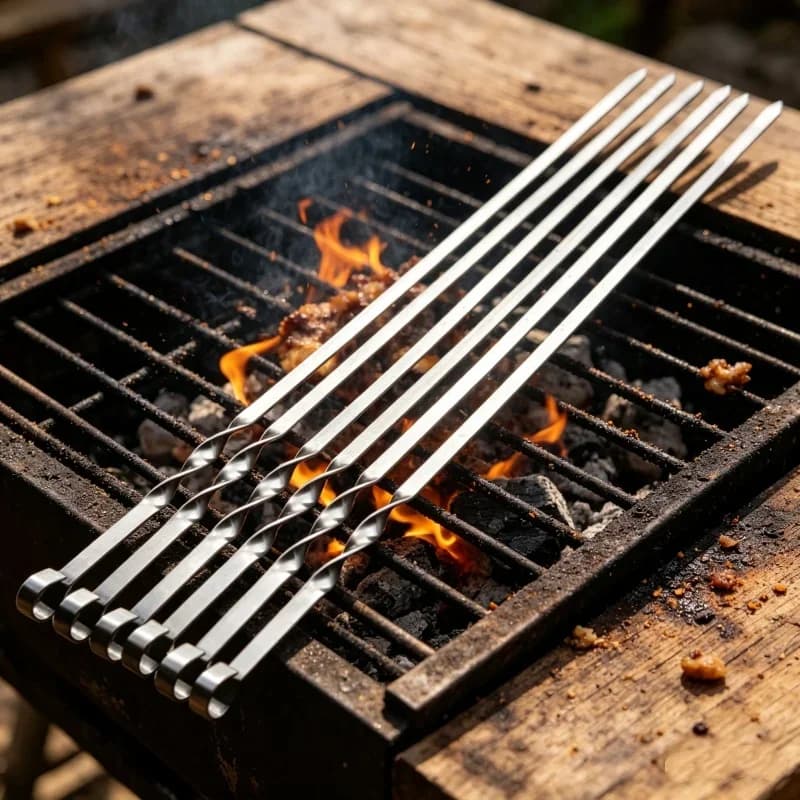 Espetos de churrasco de aço inoxidável 55cm, conjunto com 6 peças, para grelha de carvão