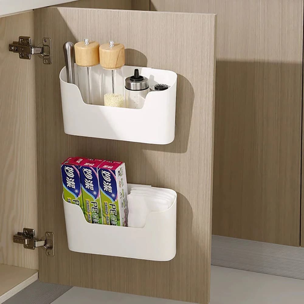 Rack de armazenamento adesivo de parede para cozinha, multifuncional, porta de armário, caixa de armazenamento sob pia, gaveta, prateleira, organizador de banheiro