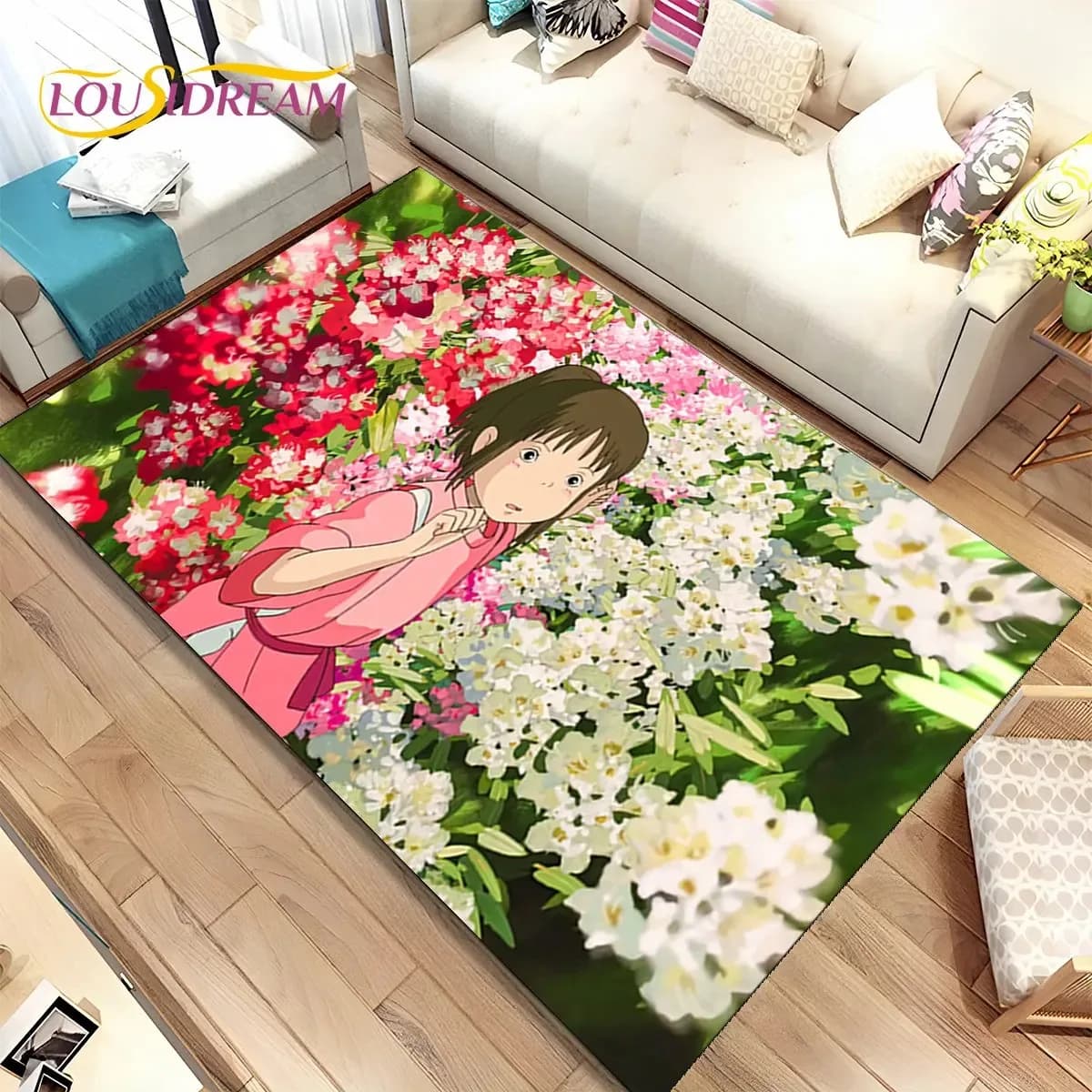 Tapete infantil antiderrapante verde escuro com estampa 3D de menina entre flores coloridas Spirited Away