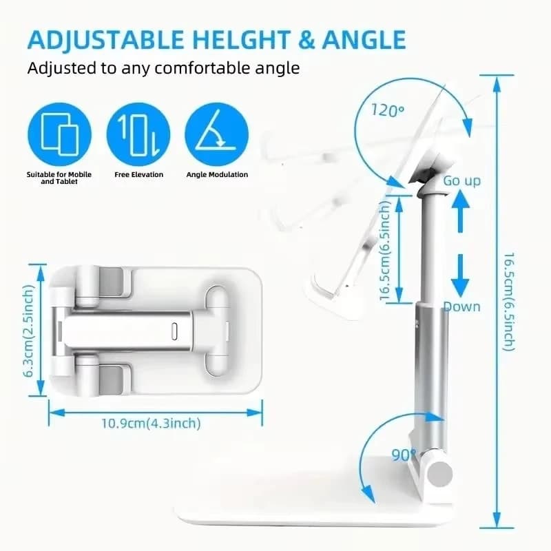 Dimensões e ângulos ajustáveis do suporte de mesa branco para celular e tablet com elevação e rotação