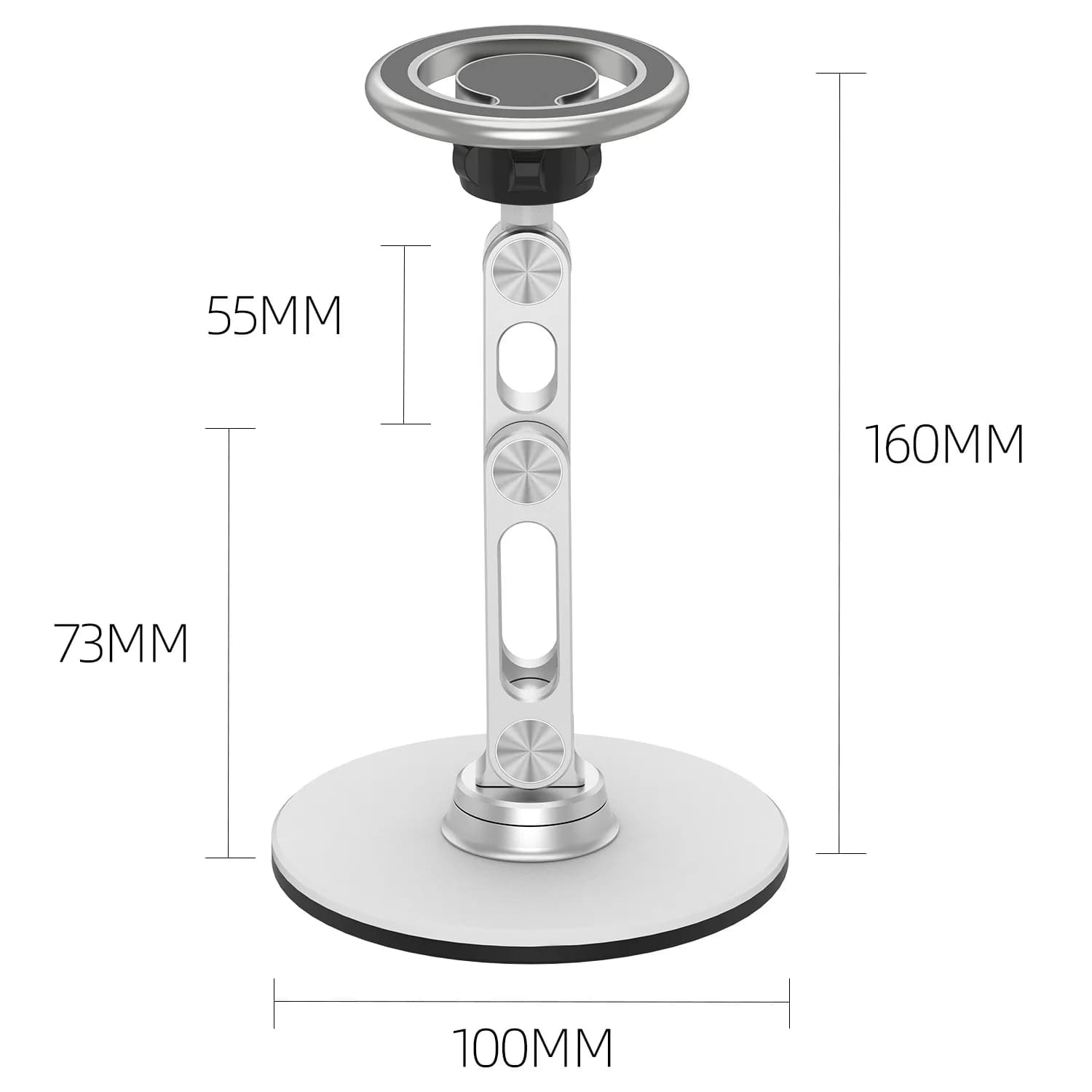 Dimensões do suporte magnético para celular preto com base redonda e braço articulado ajustável