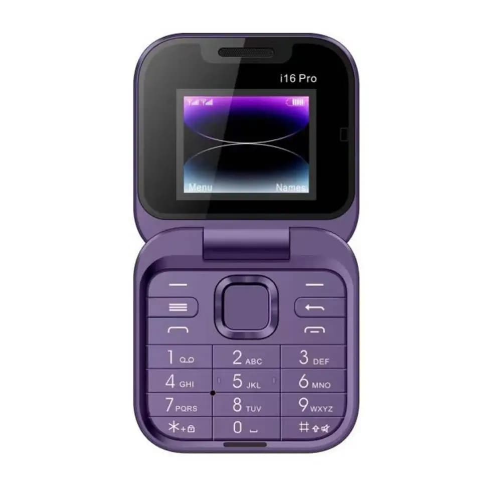 Telefone celular infantil i16pro flip roxo com tela colorida e teclado numérico dobrável