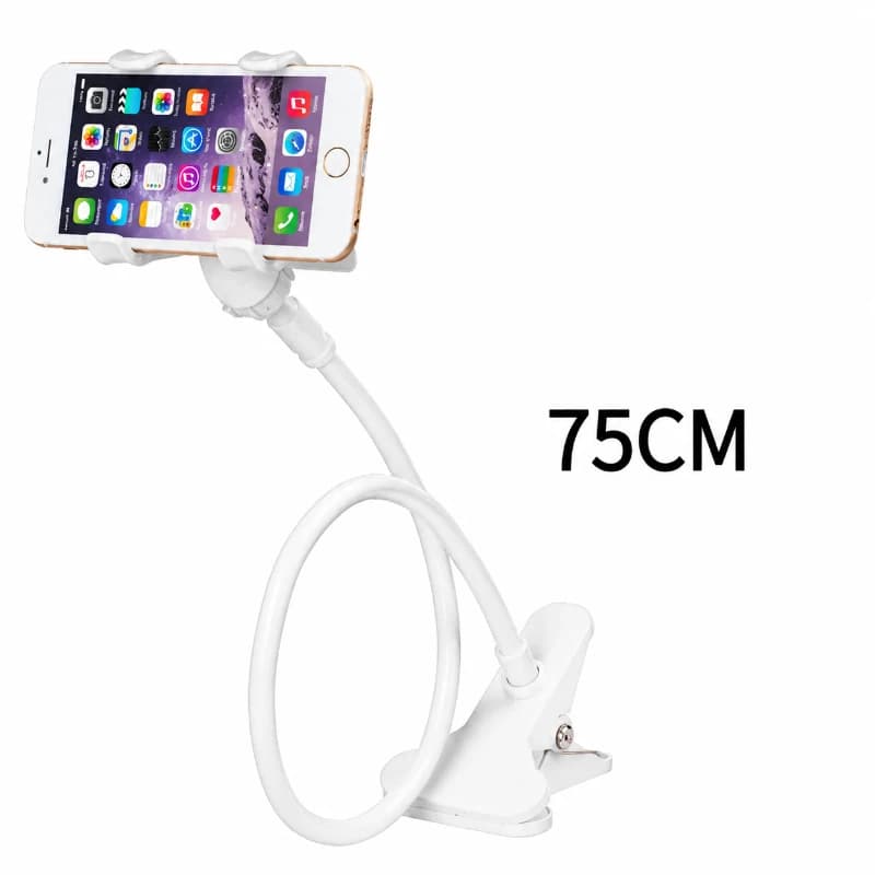 Suporte para celular universal branco com braço longo flexível de 75 cm segurando smartphone com clipe de fixação