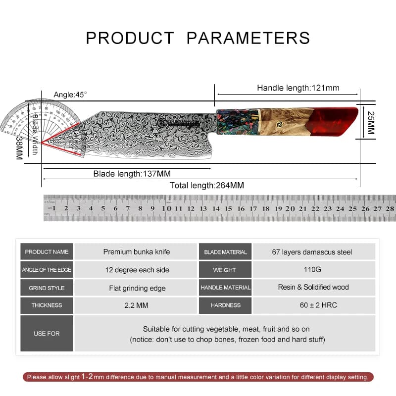 Especificações técnicas da faca Grand Sharp Kiritsuke Damasco AUS-10 com medidas e materiais detalhados