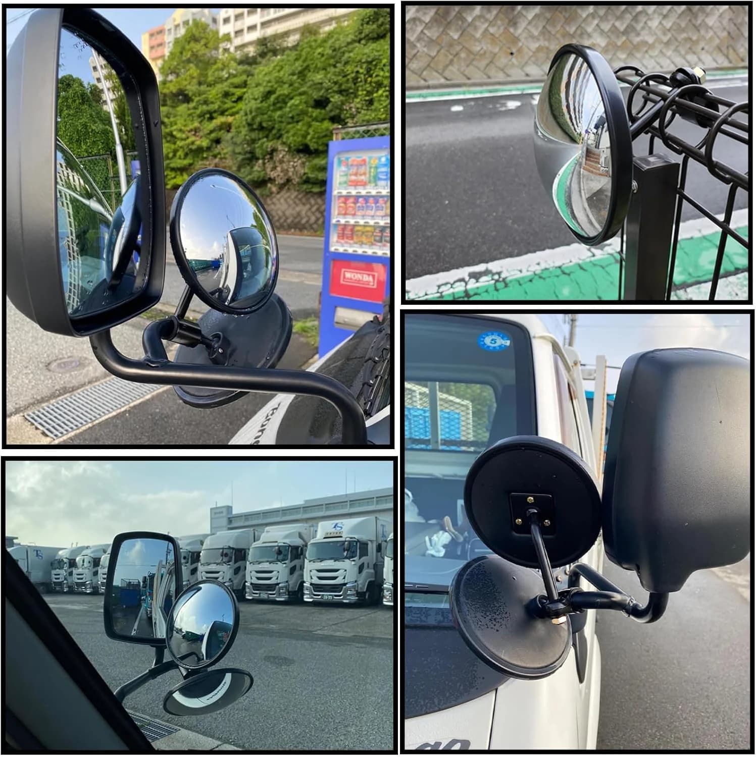 Espelho retrovisor lateral convexo instalado em caminhões, mostrando ângulo amplo e suporte resistente preto