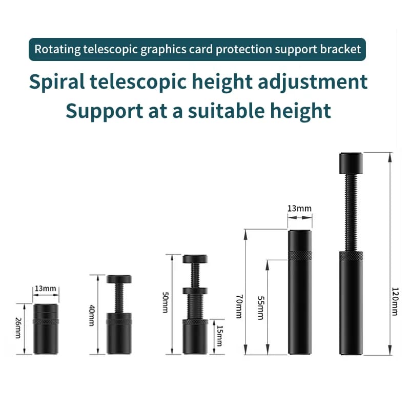 Suporte para placa de vídeo com ajuste de altura telescópico espiral em metal preto com medidas detalhadas