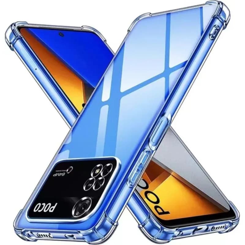 Capa transparente à prova de choque para Xiaomi POCO, vista frontal e traseira, azul transparente com bordas prateadas