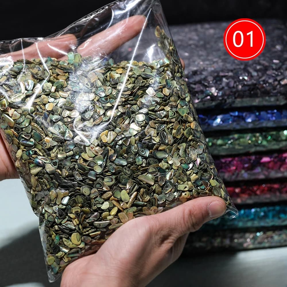 Fragmentos de concha de abalone em saco plástico transparente, 100g, para nail art