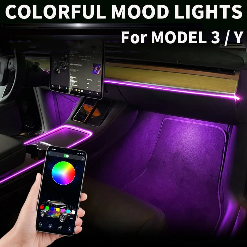 Iluminação interna automotiva LED RGB rosa para painel central e console Tesla Model 3 Y