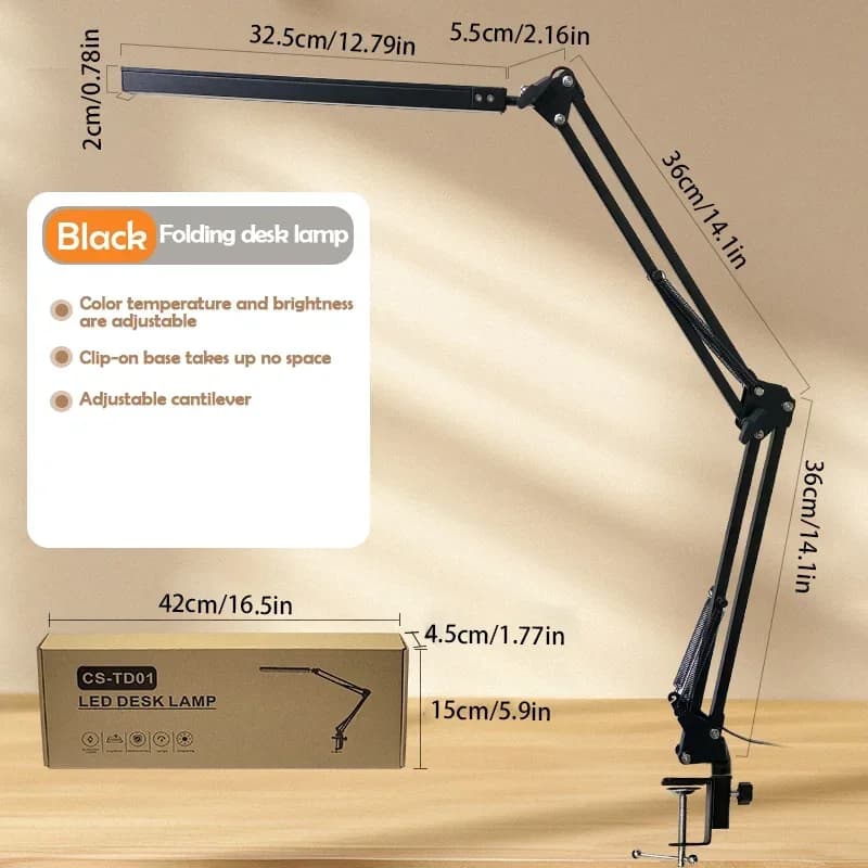 Luminária de mesa LED dobrável com cuidado para os olhos, níveis de brilho ajustáveis e cabeça de lâmpada flexível