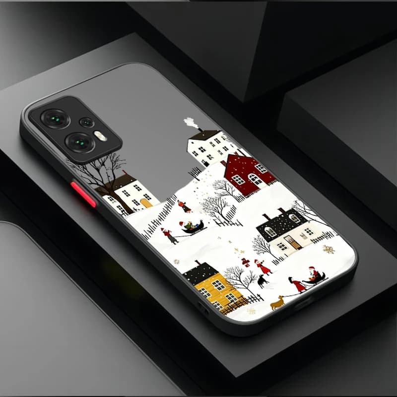 Capa para Xiaomi Mi 13 com estampa de vilarejo nevado e pessoas brincando, design artístico e detalhado
