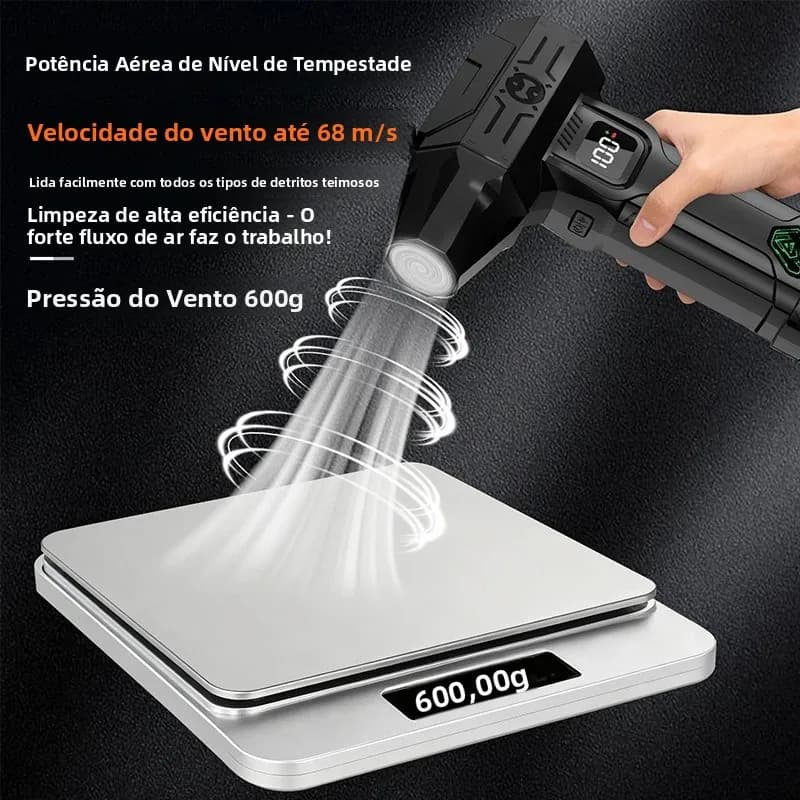 Ventilador automotivo preto com potência de vento até 68 m/s e pressão de 600g em balança digital