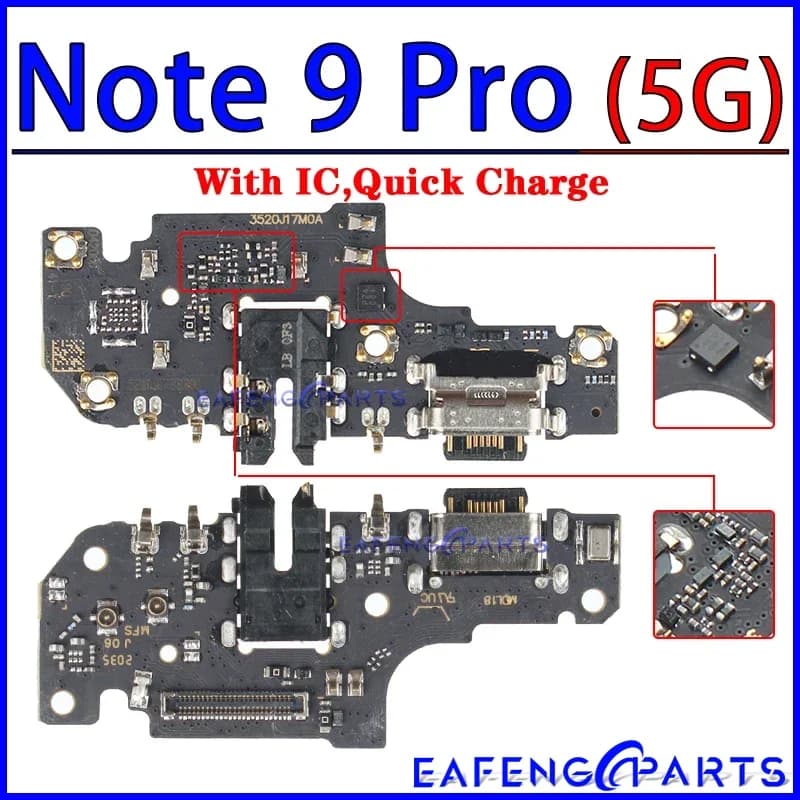 Placa de carregamento USB Xiaomi Redmi Note 9 Pro 5G com conector e IC para carga rápida