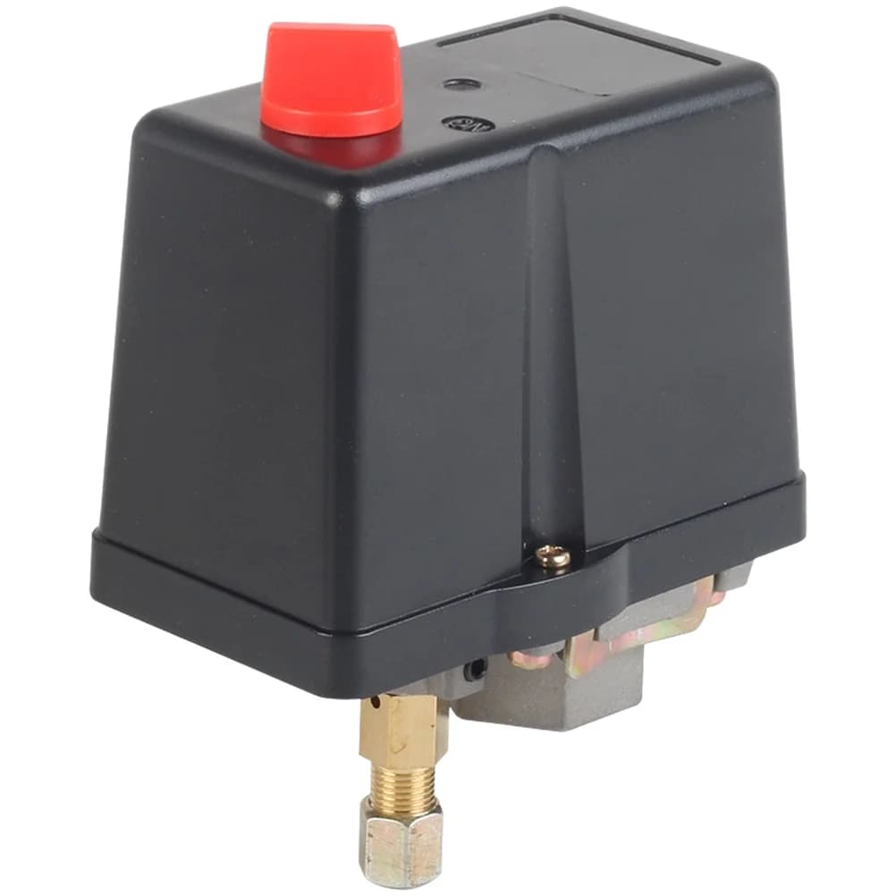 Controlador de pressão para compressor de ar com capa preta e botão vermelho, vista lateral