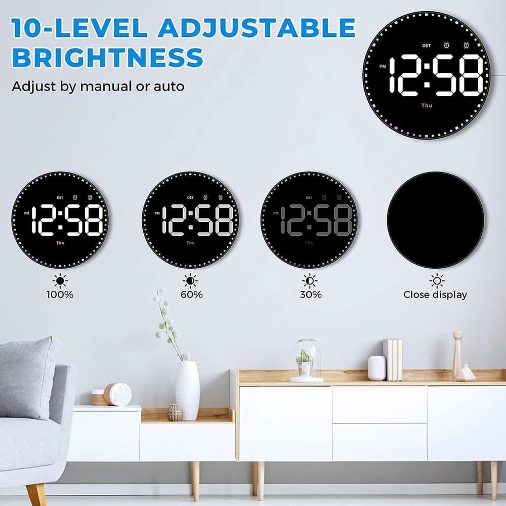 Relógio calendário de parede led colorido com controle remoto de 10 polegadas para decoração de casa com display de temperatura e alarmes duplos