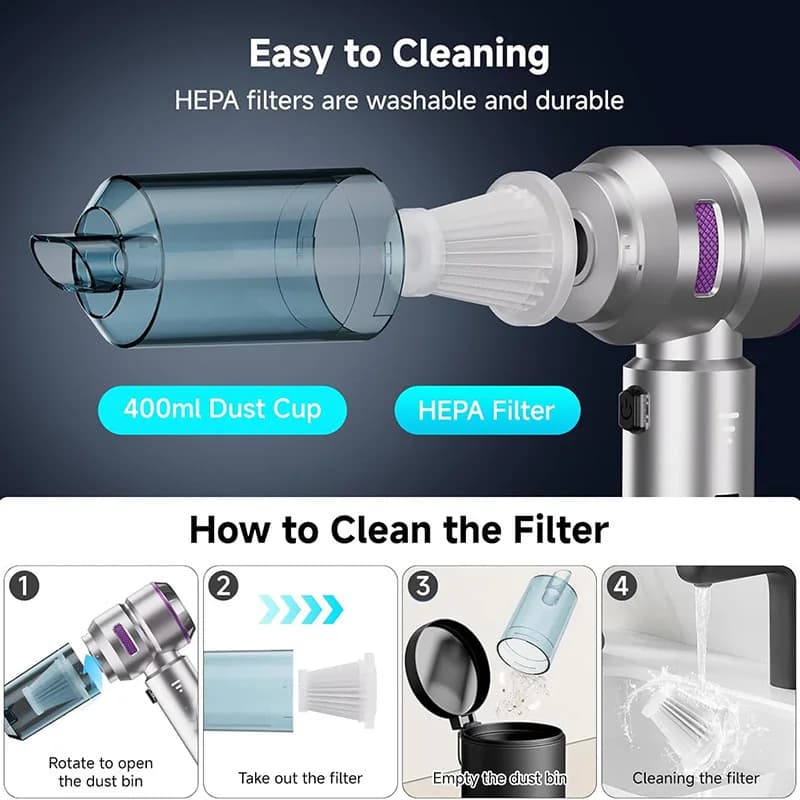 Aspirador portátil com copo de poeira 400ml e filtro HEPA lavável fácil de limpar