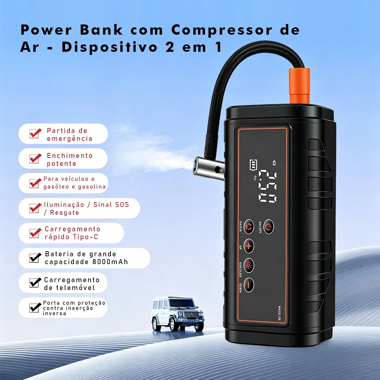 Power Bank com Compressor de Ar para Carro 2 em 1 Arranque de Emergência 8000mAh Inflador de Pneus Luz SOS Carregamento Tipo-C
