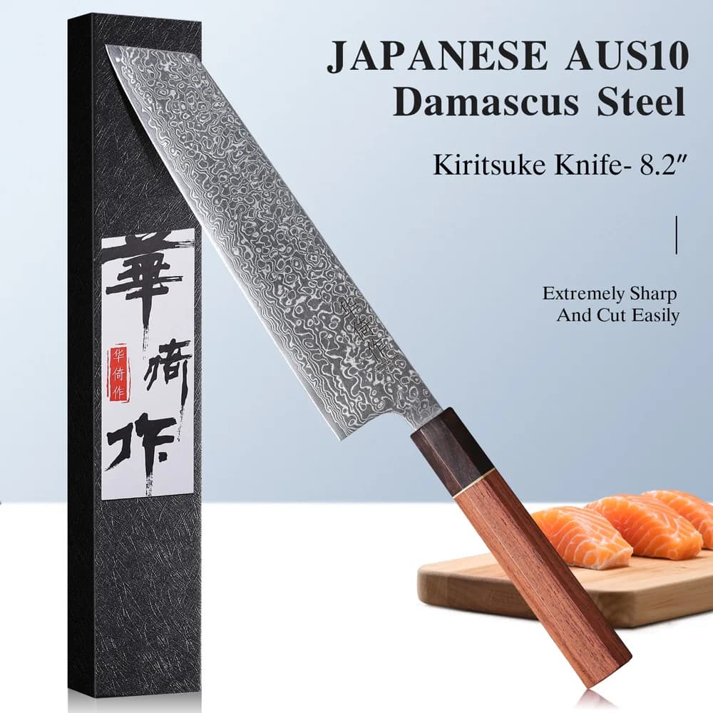 Faca de chef Kiritsuke japonesa de 8,2 polegadas em aço damasco com cabo de madeira