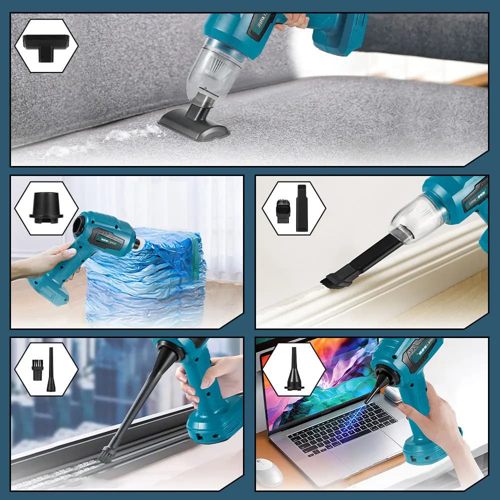 Aspirador portátil azul com múltiplos acessórios para limpeza de carpetes, janelas e teclados