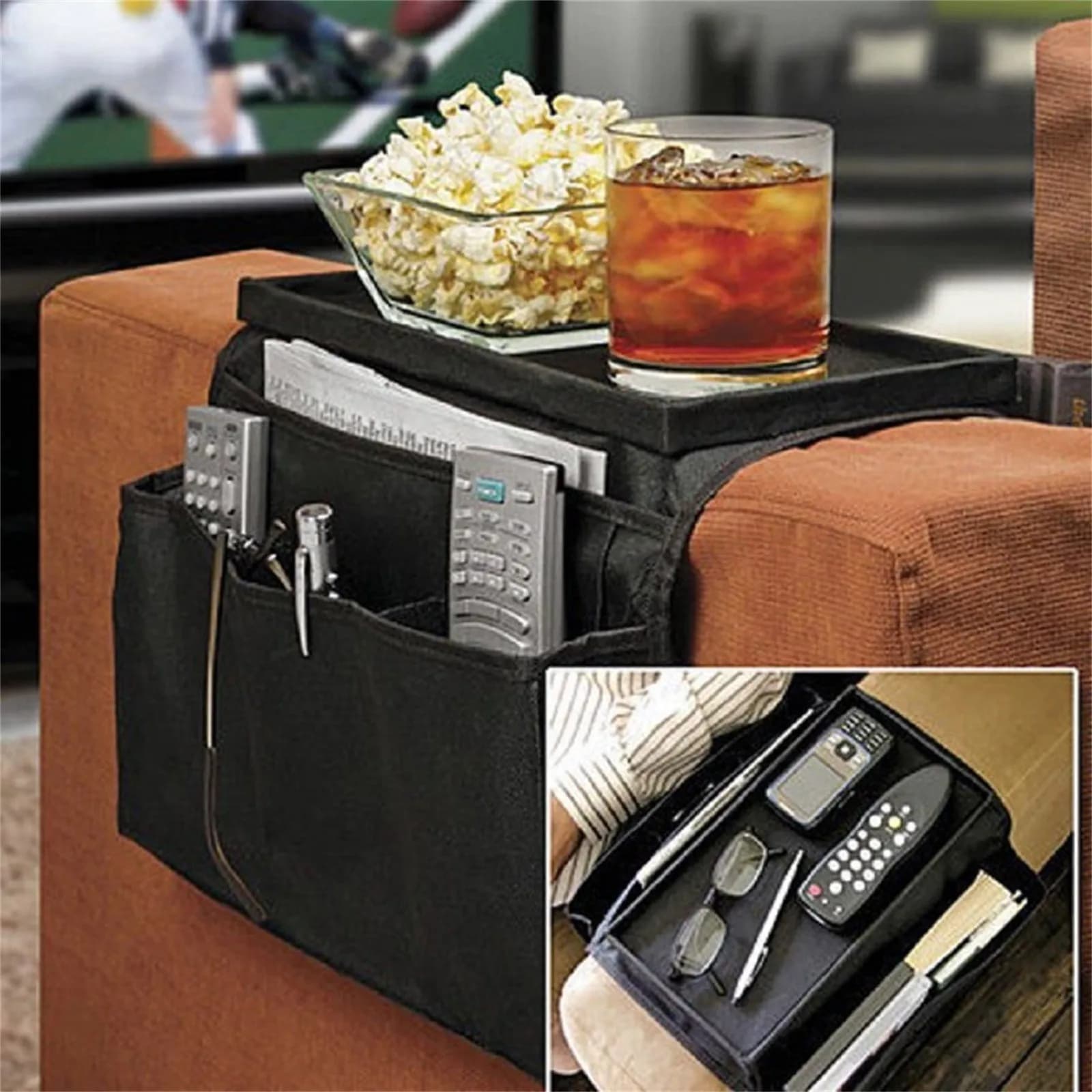 Bolsa organizadora para sofá com compartimentos para controle remoto, celular e revistas