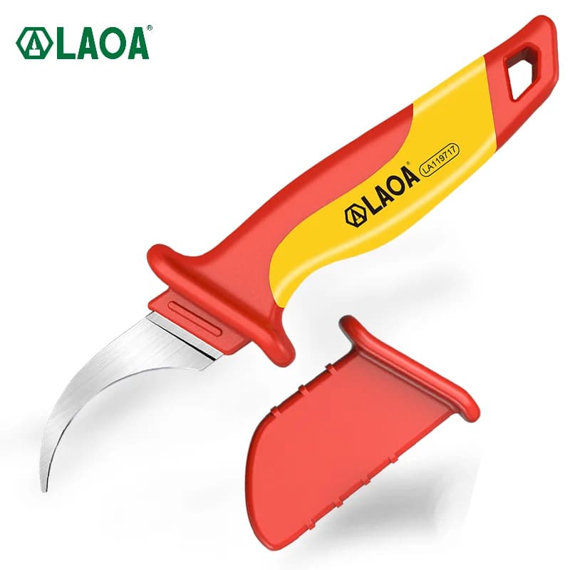 Faca eletricista LAOA com cabo ergonômico vermelho e amarelo e lâmina curva para descascar cabos